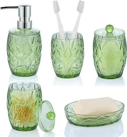 Modern Shatterproof Acrylic Olive Green Bathroom Accessories Set – 5-Piece Glass-Free Vanity Set with Soap Dispenser, Toothbrush/Makeup Brush Holder, 2 Cotton Jars with Lids, and Soap Dish