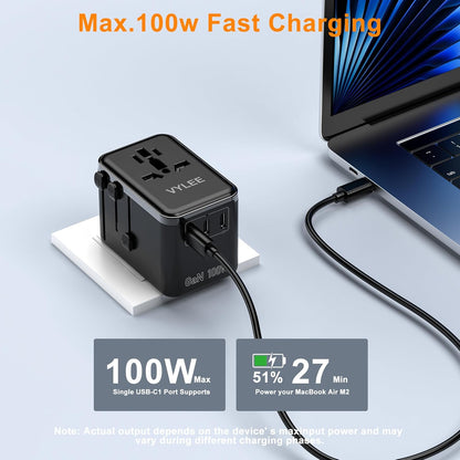 Universal Travel Adapter, PD100W GaN International Power Adapter with 3 USB C and 1 USB A Charging Ports, All in One Power Outlet, Worldwide Plug Adapter for US to European Europe UK AUS Ireland