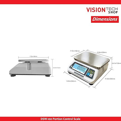 VisionTechShop DSW-100 Portion Food Scale with Single LCD Display, Stainless Steel Platter, 15lb Capacity, 0.005lb Readability, Lb/Oz/Kg/g Switchable, Low Profile Design, NTEP #22-007, NSF Certified