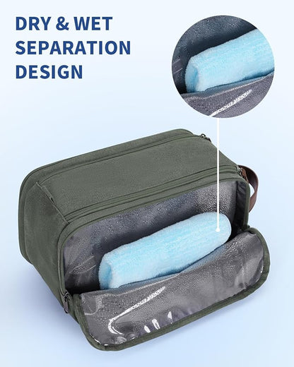 WANDF Toiletry Bag for Men Travel Toiletry Organizer Canvas and Leather Dopp Kit Water-Resistant Shaving Bag for Travel Accessories (Green, Large)