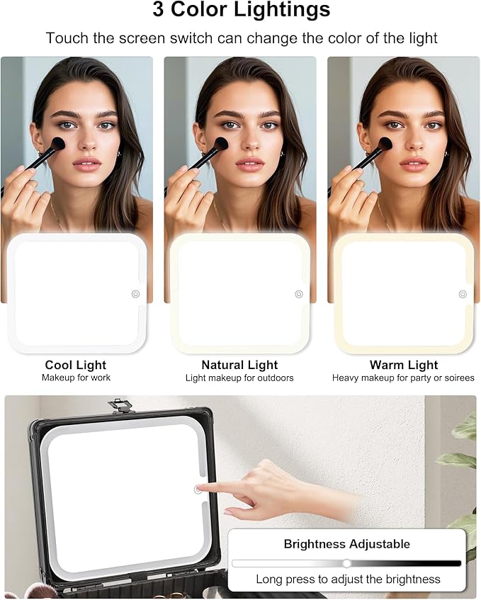 Relavel Makeup Bag with LED Mirror, Makeup Box Travel Train Case with Rechargeable Lighted Mirror & Adjustable Dividers, Cosmetic Brush Organizer Storage for Makeup Artists Gifts for Women and Girls