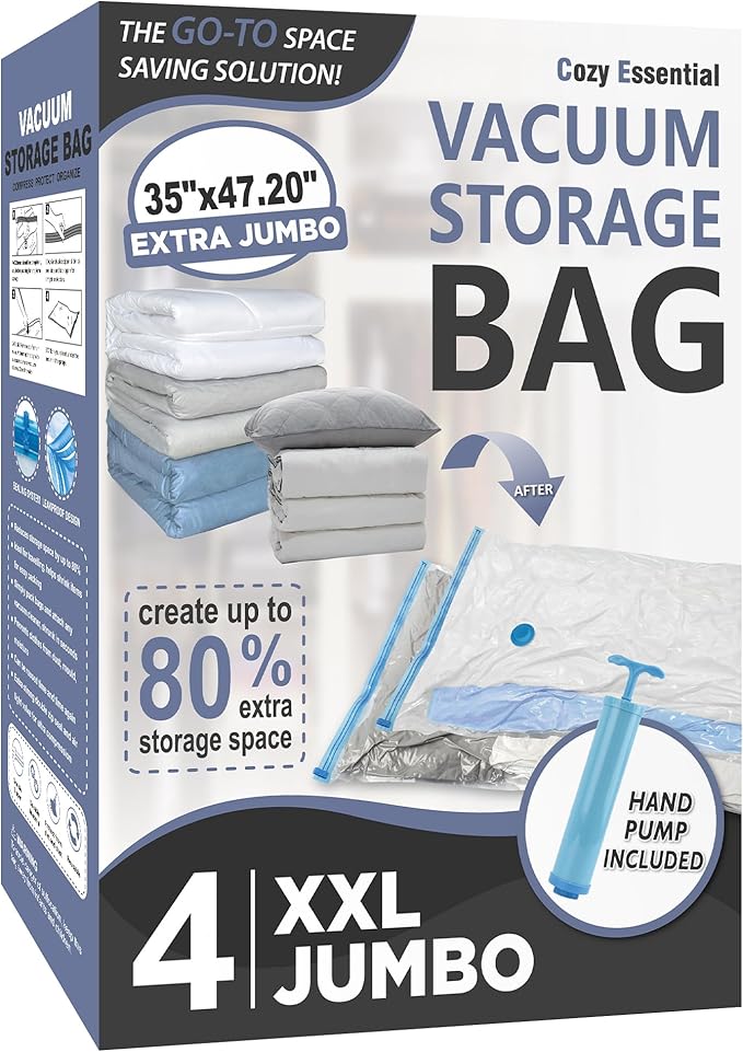 4 Pack XXL Jumbo Vacuum Storage Bags, Extra Large Vacuum Seal Bags for Comforters, Bedding, Blanket Storage, Giant Space Saver Bags for Huge Stuffed Toy(47.2x35 in)