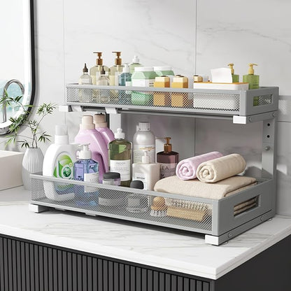 2 Pack 19IN Depth Under Sink Storage Organizer, Large 2-Tier Elegant Mesh Pull Out Shelf for Kitchen and Bathroom Cabinet Organization, L-Shaped and Adjustable Height Design-Gun Gray
