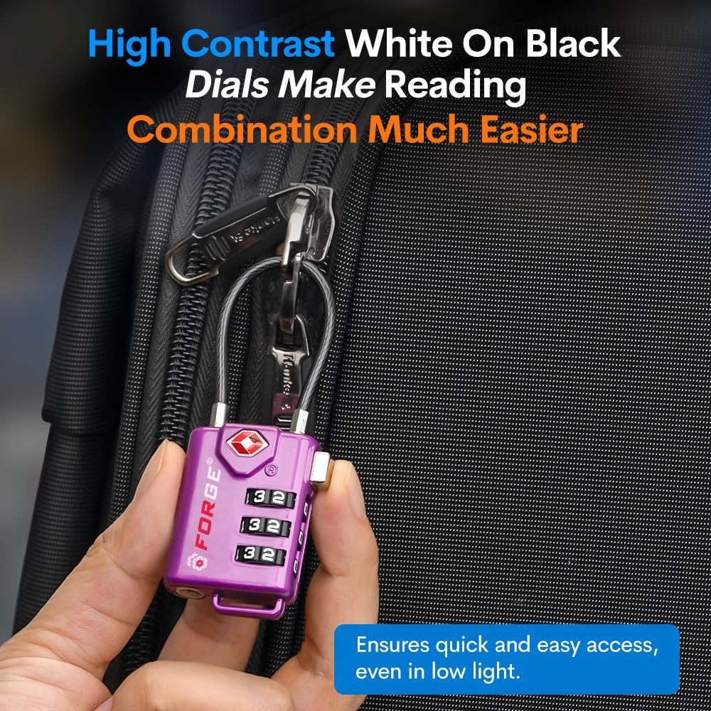 Forge TSA Approved Luggage Locks, Re-settable Combination with Alloy Body (Dark Purple 4 Locks)