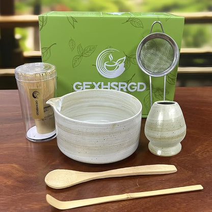 Matcha Whisk Set 6 pc Kit - Traditional Japanese Chasen, Bamboo Whisk Holder, Ceramic Bowl with Spout, Sifter & 2 pc Spoons - matcha kit set, Gift for Matcha Tea Lovers(Gray)