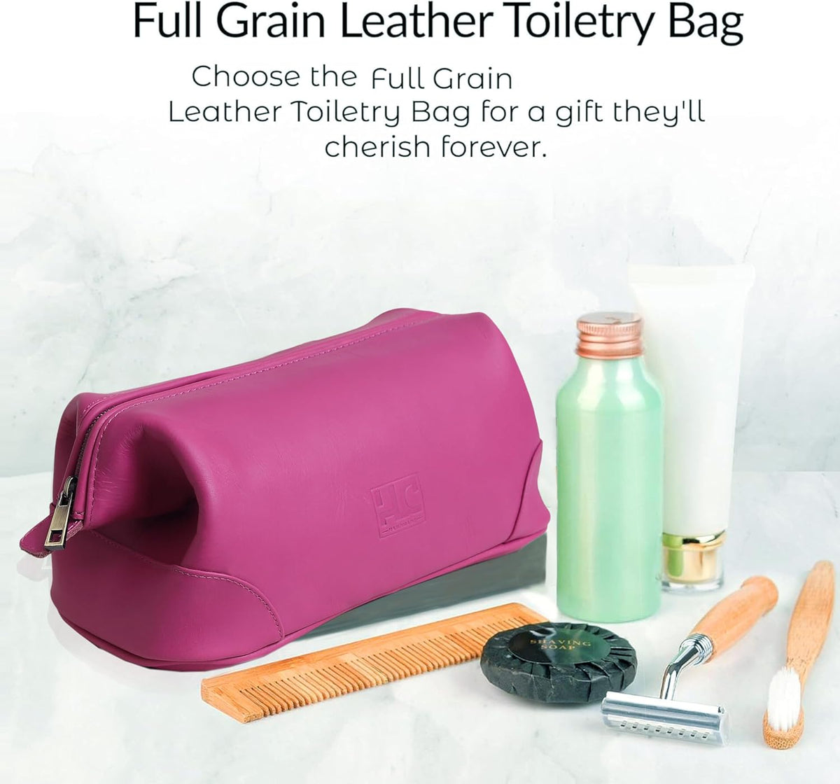 HLC Leather Toiletry Bag for Men - Best Gift for Men - Premium Genuine Leather Dopp Kit Shaving Kit Organizer Travel Kit Pouch Bag for Men - Large Size (pink)