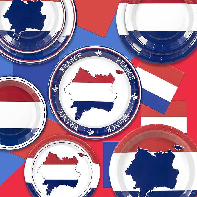 France French Flag Paper Plates and Napkins Party Supplies, Serves 60 | 180Pcs