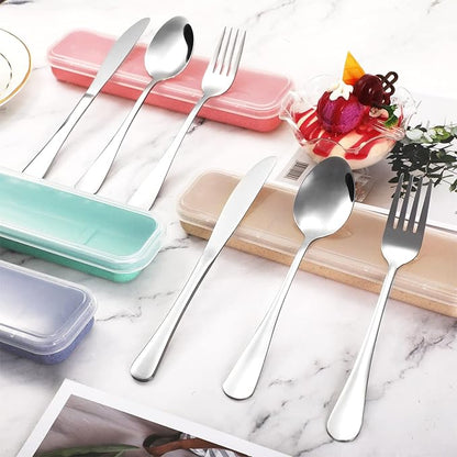 Yinkin 4 Pack Portable Travel Utensils Set with Case Reusable Stainless Steel Silverware Flatware Camping Cutlery Include Fork Spoon Knife for Work School Dishwasher Safe(Blue, Beige, Green, Pink)