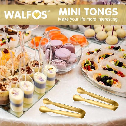 Walfos Small Gold Tongs For Serving,Food Grade Stainless Steel 4" Mini Tongs Appetizers for Parties Catering, Sugar，Desserts，Tea Party, Coffee Bar, Set of 12 （Gold）