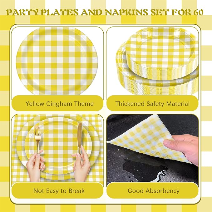 180Pcs Yellow Gingham Party Supplies Paper Plates and Napkins Serve 60 |