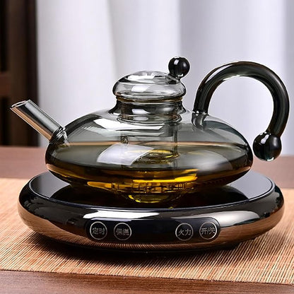 24 OZ Luxury Glass Teapot with Warmer, Automatic Electric Kettle with Tea Infuser, Teapot and Cup Set with Warmer, New Year Christmas Excellent Gift Idea for Tea Lovers (Gray + 2 cups)