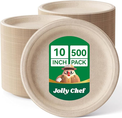 JOLLY CHEF Compostable Heavy Duty Plates 𝟭𝟬 𝗜𝗻𝗰𝗵 [𝟱𝟬𝟬 𝗣𝗮𝗰𝗸] Eco-Friendly Disposable Paper Plates Made of Bagasse Biodegradable Bulk for Party Dinner Sugarcane Thanksgiving Day (Natural)