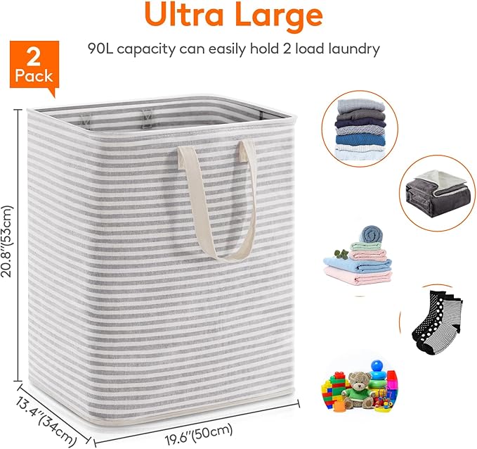 Lifewit 2 Pack Laundry Hamper Large Collapsible Laundry Baskets, Freestanding Waterproof Clothes Hamper with Easy Carry Handles in Laundry Room Bedroom Bathroom College Dorm for Adults, Grey, 2 x 90L