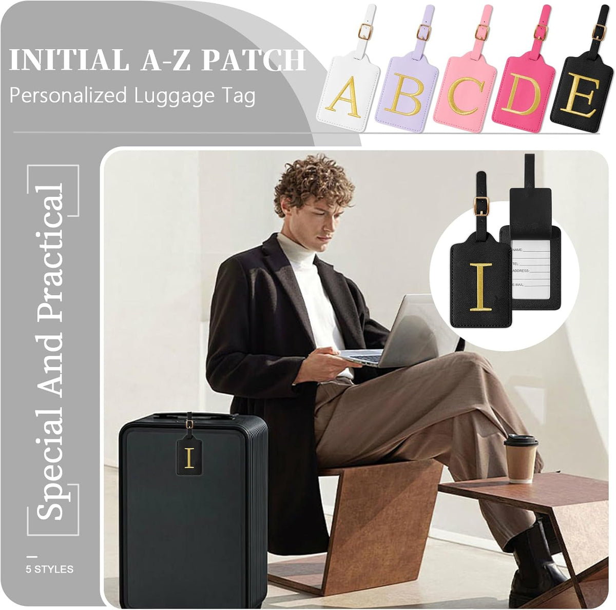 Personalized Initial Luggage Tags for Suitcase TSA Approved, Black Leather Cute Luggage Tag with Privacy Cover Name Card, Embroidered Custom Luggage Tags Travel Backpack Tags Gifts for Women Kids(I)