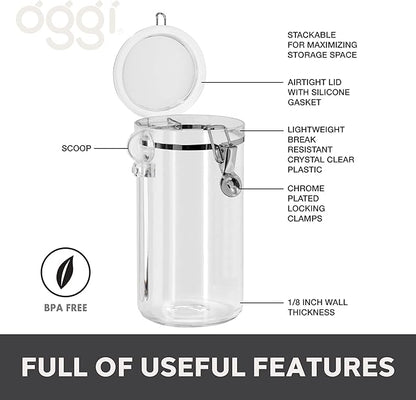Oggi Clear Canister Airtight 72oz - Clamp Lid & Spoon - Airtight Food Storage Container, for Kitchen & Pantry Storage of Bulk, Dry Foods, Pasta, Flour, Sugar, Coffee, Rice, Tea, Spices & Herbs