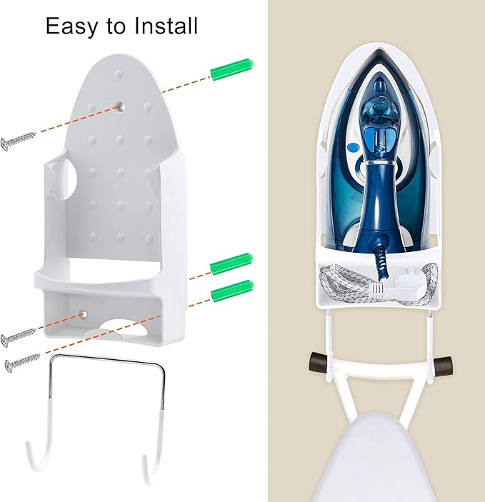 Ironing Board Hanger Wall Mount Ironing Holder Iron Hanger with Ironing Board Rack for Max 5 Inch Width Iron (White)