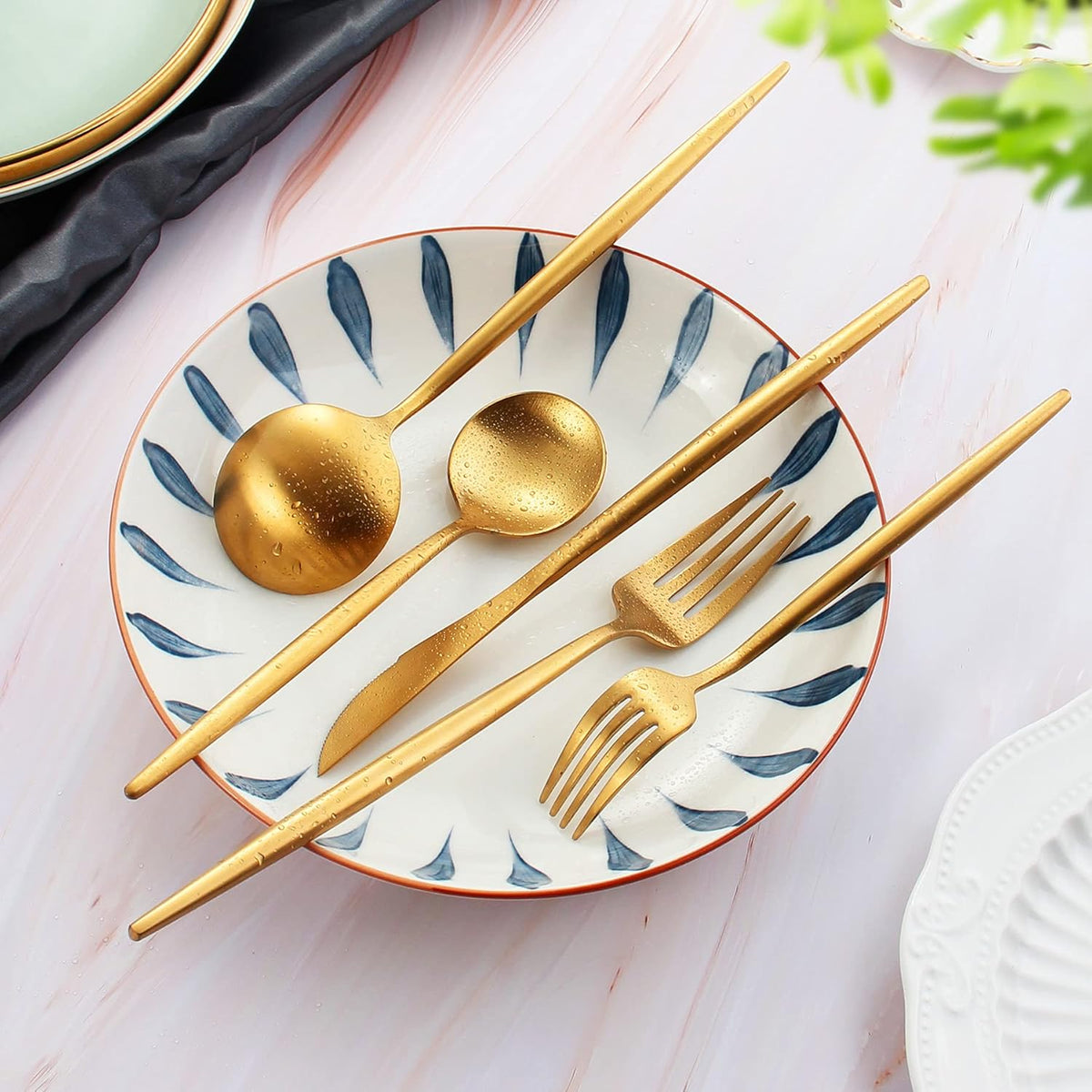 60-Piece Stainless Steel Flatware Set - Matte Gold, Dishwasher Safe, Includes Knives, Spoons, Forks, Satin Finish