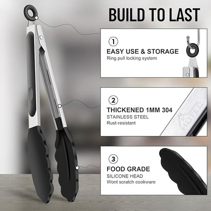 HOTEC Premium Stainless Steel Locking Kitchen Tongs with Silicon Tips, Set of 2-9" and 12"