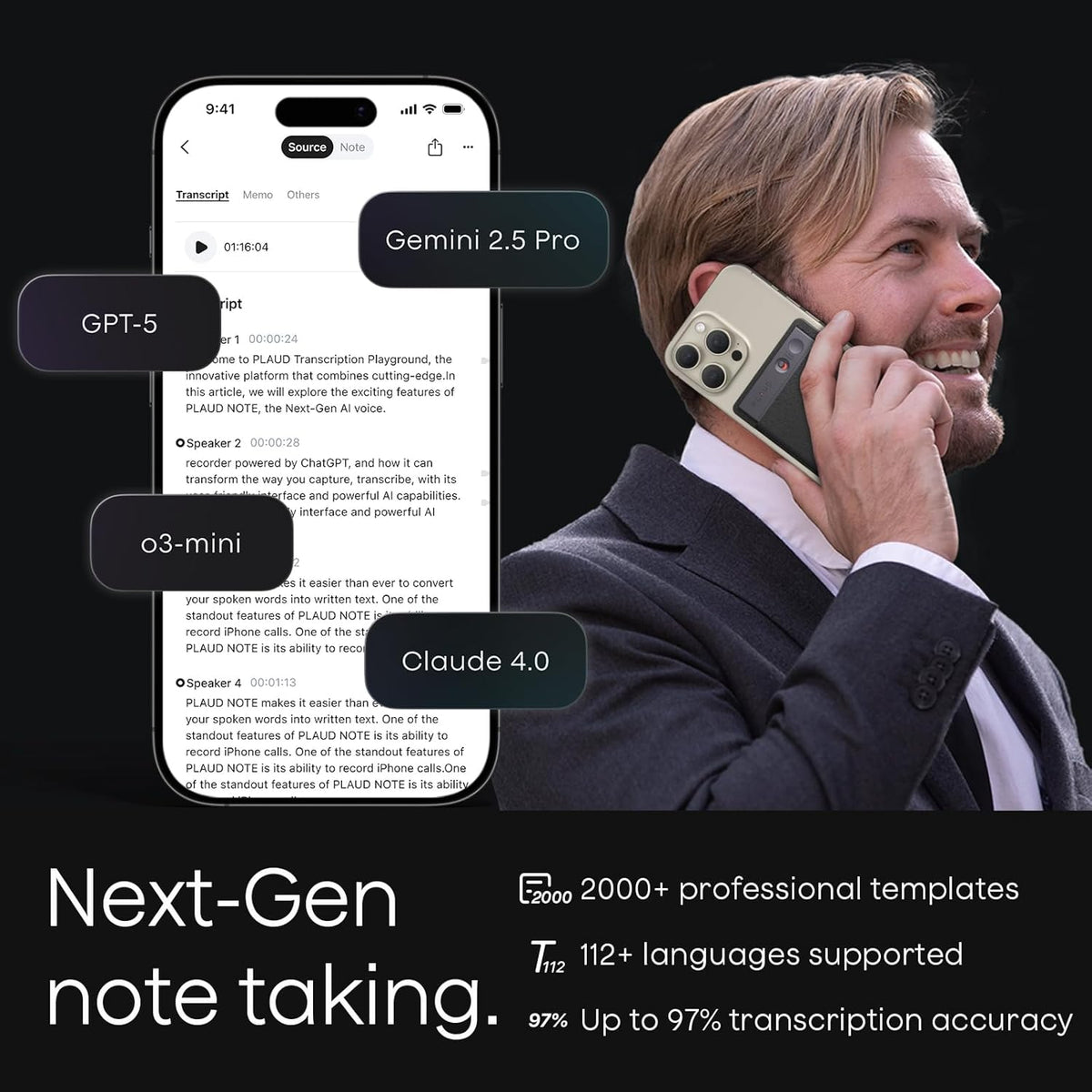 AI Voice Recorder, Note Voice Recorder w/Case, App Control, Transcribe & Summarize with AI Technology, Support 112 Languages, 64GB Memory, Audio Recorder for Lectures, Meetings, Calls, Black