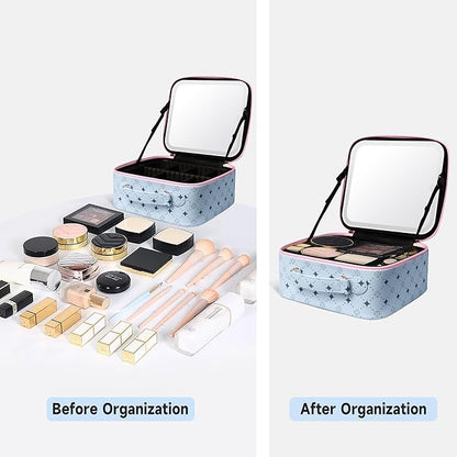 Travel Makeup Bag With 360° rotating LED Mirror,Waterproof cosmetic organizer,Portability Cosmetic case,Makeup organizer,Gift for Women,Girls Gift (Blue+Pink)