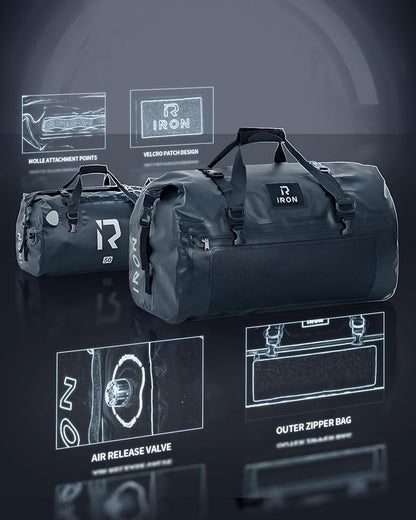 IRON JIA'S Motorcycle Dry Bag - Waterproof Duffle & Luggage Tail Bag Saddle Bags with Roll Top Closure, Shoulder Straps, Inner Pocket and Mesh Pocket (Black, 50L)