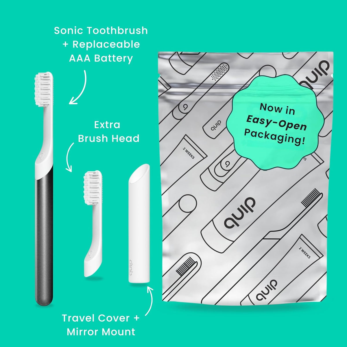 Quip Sonic Toothbrush for Adults with Timer - Includes Extra Brush Head and Travel Cover Mount - Electric, Soft Bristle Refill Head, Metal Handle, 3 Month Battery Life - Travel Toothbrush - Slate