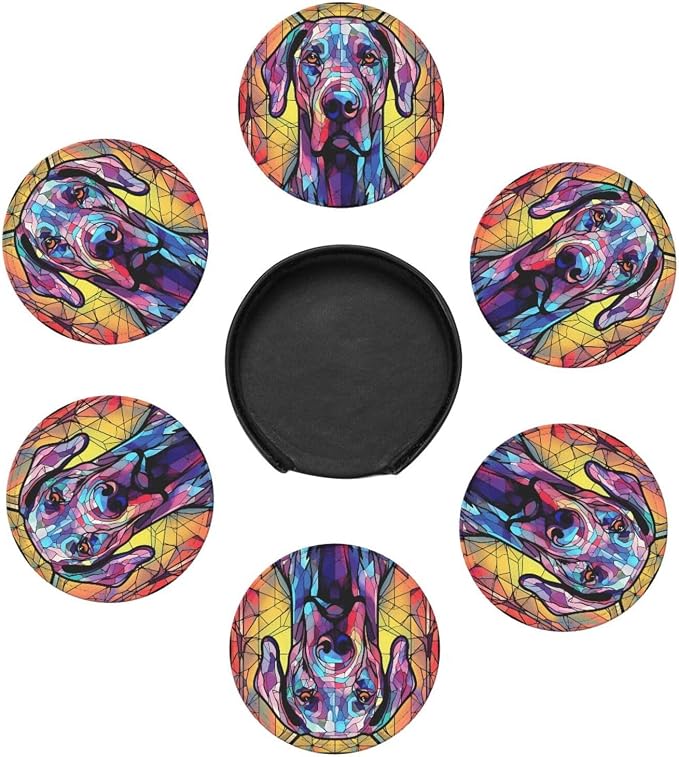 Great Dane Stained Dog Breed Glass Art Leather Drinks Coasters