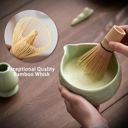 Matcha Whisk Set, Ceramic Matcha Kit Set Includes Matcha Bowl, Matcha Whisk and Holder, Bamboo Scoop, Scoop Rest, Sifter and Tea Towel - 7 Pcs Matcha Kit for Matcha Lovers (Green)
