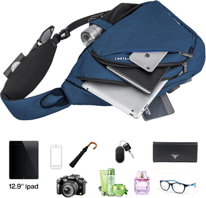 mixi Sling Bag Men Backpack Unisex One Shoulder Bag Hiking Travel Backpack Crossbody with USB Port for Men Women Versatile Casual Daypack-19 inch,Dark Blue