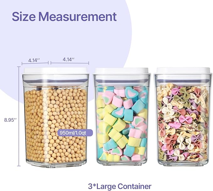 Food Airtight Containers storage with Lids 3 Pack One Button Open/POP UP/Kitchen Storage Organization for Coffee Tea Brown Sugar Cereals 950ml x 3