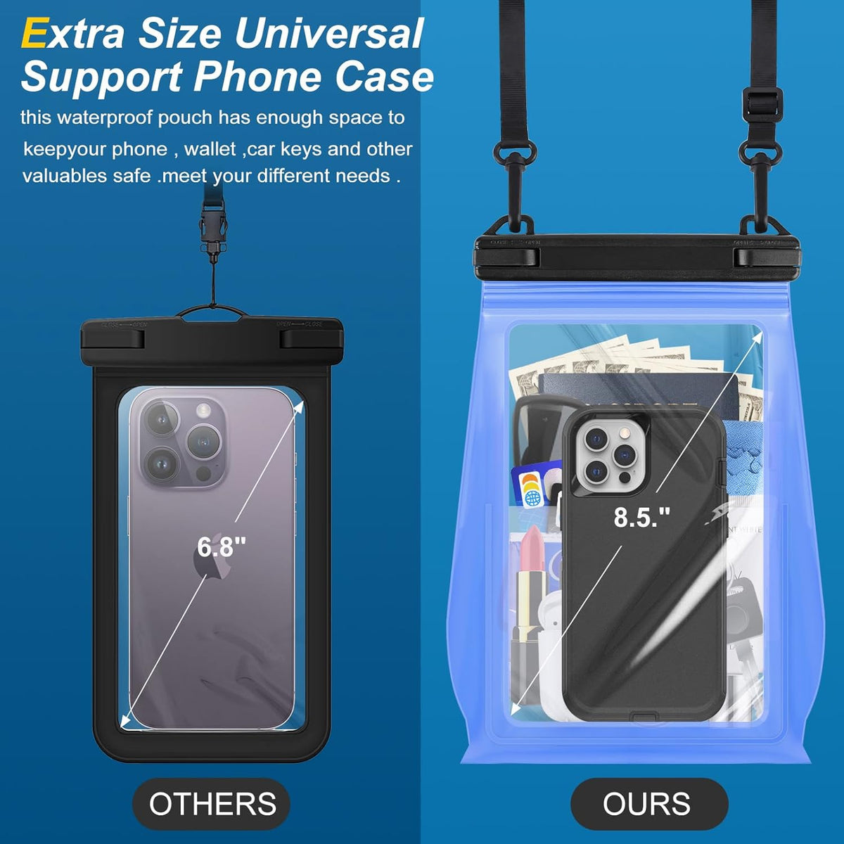 Large Waterproof Phone Pouch Floating, Waterproof Phone Case for iPhone 14 15 Pro Max 13 Plus 12 11 Samsung S23 Ultra S22 up to 8.5'', IPX8 Water Proof Phone Dry Bag for Swimming Kayaking Vacation