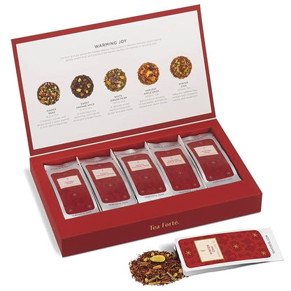 Tea Forte Warming Joy Hoilday Premium Single Steeps Loose Leaf Tea Gift Set Sampler, 15 Count 3 of Each Assorted Blends, Pre-Portioned Single Serve Pouches, Steeps 12 oz