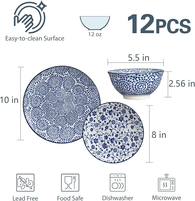 ONEMORE Ceramic Dinnerware Sets, 12 Piece Stoneware Plates and Bowls, Dish Sets for 4 - Scratch Resistant, Dishwasher & Microwave Safe, Vintage Blue