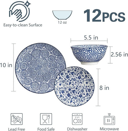 ONEMORE Ceramic Dinnerware Sets, 12 Piece Stoneware Plates and Bowls, Dish Sets for 4 - Scratch Resistant, Dishwasher & Microwave Safe, Vintage Blue