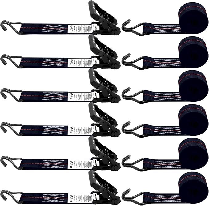 6 Pack 2 inch Ratchet Straps Heavy Duty J Hook 2 in x 15ft with Strong Ratcheting, Cargo Load Tie Down Strap 2200lbs Working Load for Trucks Black