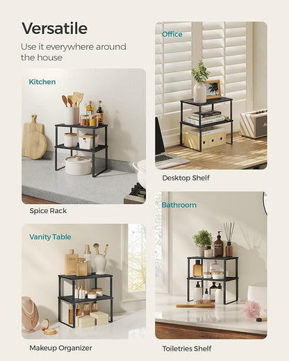 SONGMICS Cabinet Organizer Shelf, Set of 4 Kitchen Counter Shelves, Kitchen Storage, Spice Rack, Stackable, Expandable, Metal and Engineered Wood, Ink Black and Ebony Black UKCS027B01