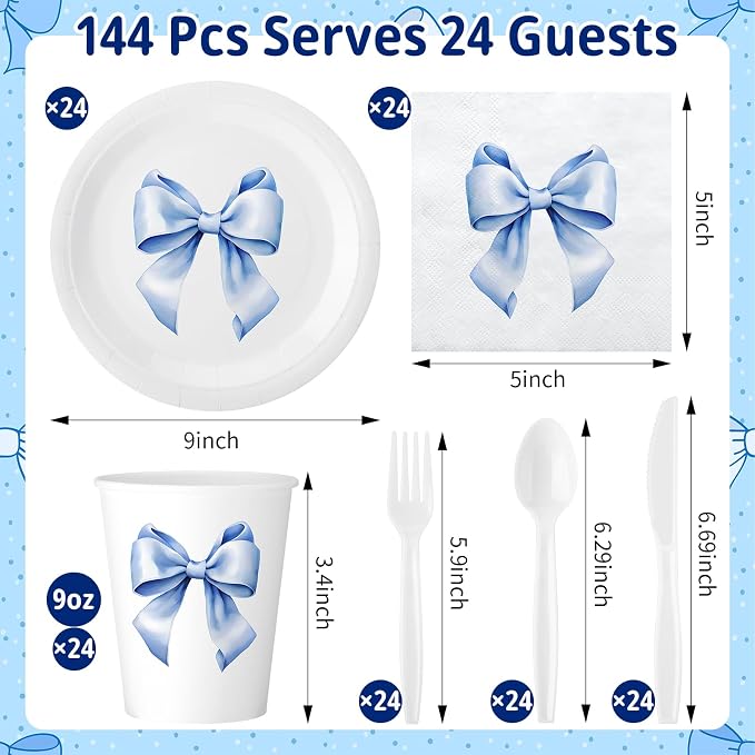 Sieral 144 Pcs Blue Bow Party Supplies Coquette Cute Supplies Bachelorette