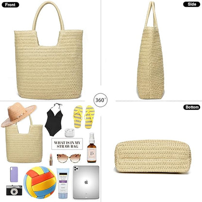 Straw Beach Bags for Women Woven Beach Tote Bag Casual Boho Large Shoulder Handbags Purse for Vacation Holiday