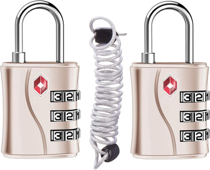 ZHEGE Luggage Locks, TSA Approved Locks, 3 Dial Zipper Lock with (80CM) Cable for Suitcases, Backpack, Baggage (Rose Gold, 2 Pack)