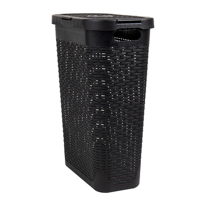 Mind Reader Slim Laundry Hamper with Lid, 40L Clothes Basket, Premium Wicker Design, Plastic, Set of 2, Black