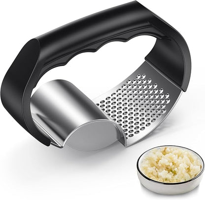 Garlic Press Rocker - Stainless Steel Garlic Crusher, 2-in-1 Easy Kitchen Gadget for Effortless Smashing