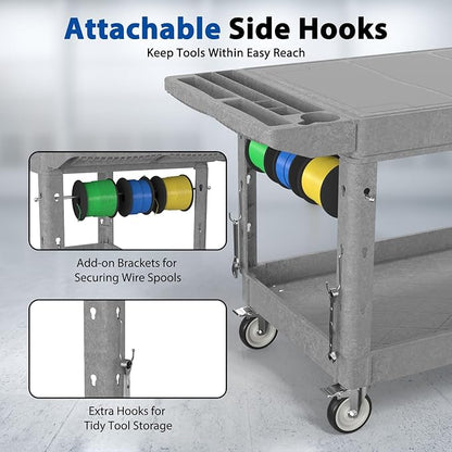 Large Garage Flat Top Utility Cart, Heavy Duty 2 Shelf Tool Cart Service Cart Rolling Push Carts with Ergonomic Handle 5" Swivel Casters.