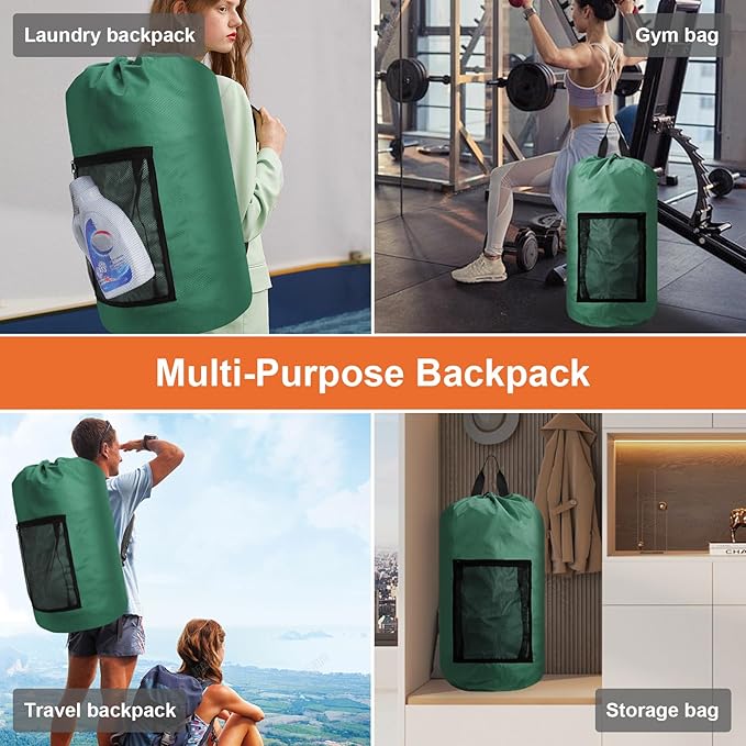 Femuar Laundry Bag Backpack Durable Laundry Bag with Shoulder Straps and Mesh Pockets Portable Laundry Dirty Clothes Hamper Bag for College Dorm (Green)