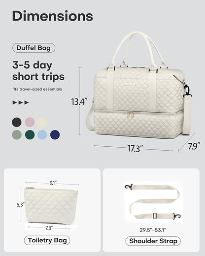 HOTOR Travel Duffel Bag - Weekender Bags for Women, Carry On Overnight Bag with Shoe Compartment, with Toiletry Bag for Travel Essentials and Travel Accessories, Beige, 13.4"×17.3"×7.9"