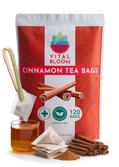 Vital Bloom Pure Cinnamon Tea, warm, spicy flavor, 100% Natural, Caffein Free, Hot or Cold Brew Herbal Tea, Bleach Free Tea Bags, Non GMO (Free Bamboo Tongs included)