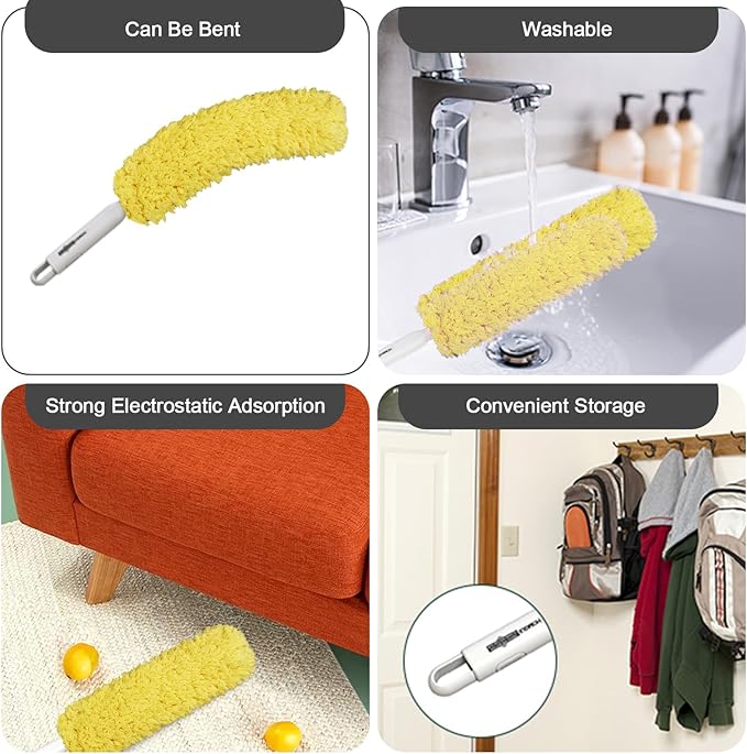 Microfiber Duster, Feather Duster, Dusters for Cleaning, Washable and Reusable Duster with Replaceable Head, Microfiber Hand Duster for Cleaning Cobweb, Blinds, Furniture, Cars-Yellow