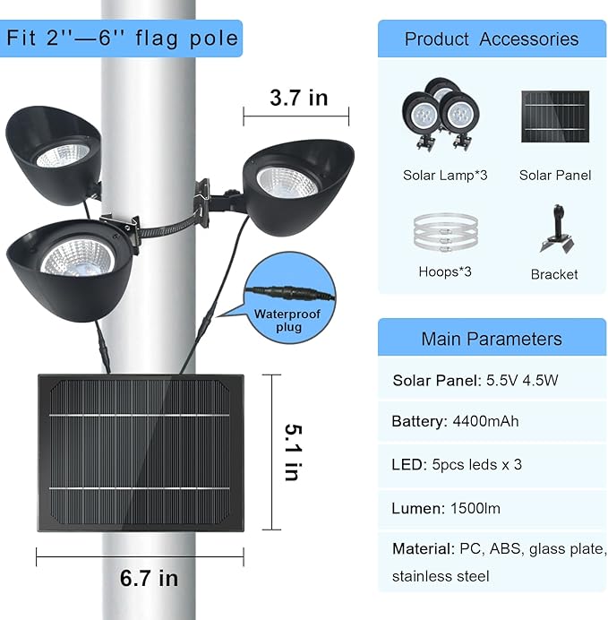 Solar Flag Pole Light, 3 Super-Spotlights LEDs, Adjustable Metal Clamps Fits