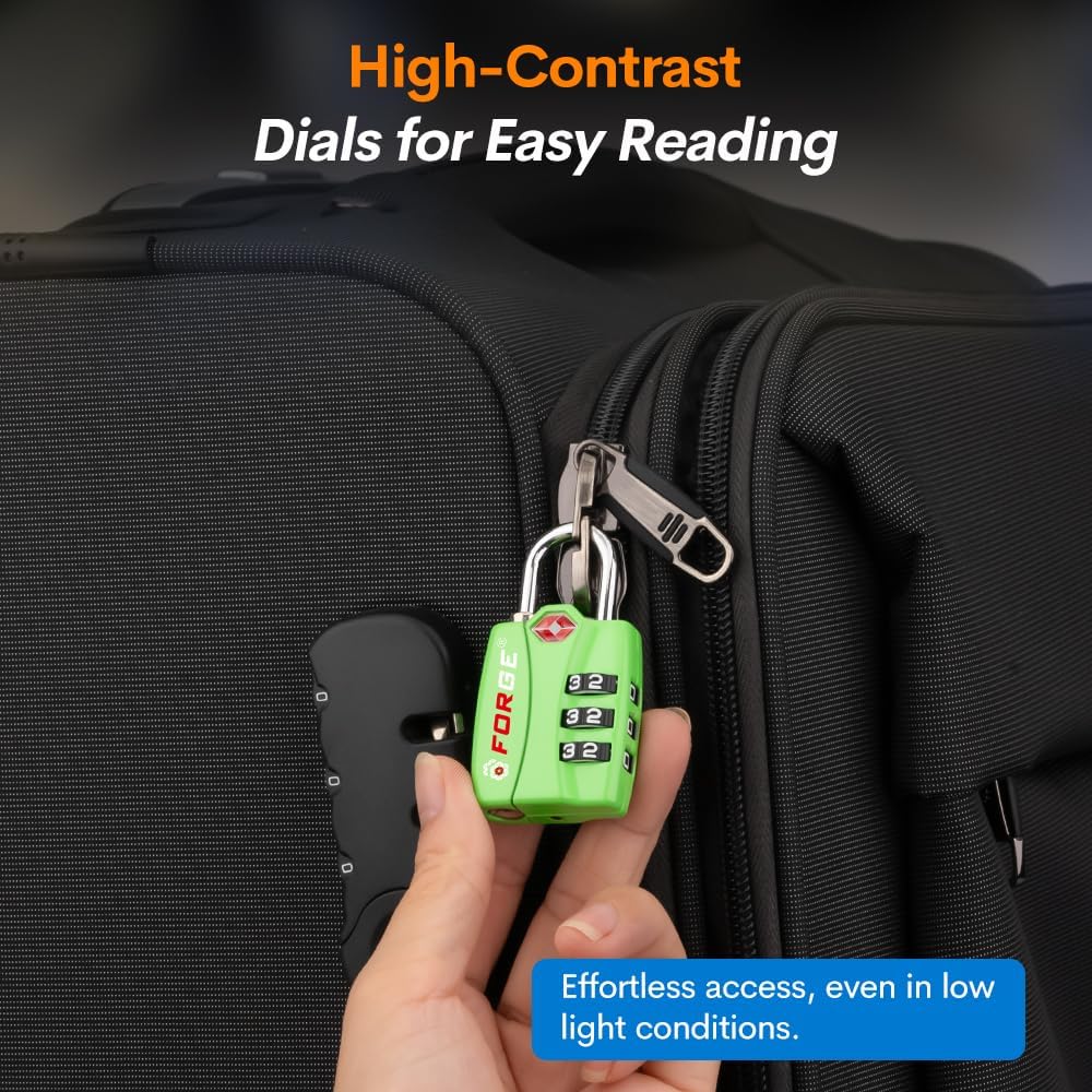 Forge TSA Luggage Combination Lock - Open Alert Indicator, Easy Read Dials, Alloy Body- Ideal for Travel, Lockers, Bags (Green 4PK)