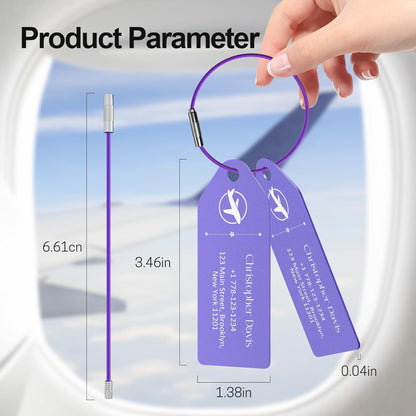 4 PCS Personalized Metal Luggage Tag – Personalized Engraved Suitcase Tag, Backpack Tag, with Matching Color Strap, Waterproof Suitcase Name Badge – Ideal Corporate Gift & Travel Accessory (Purple)