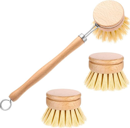 Boao Dish Brush with Beechwood Handle with 2 Replacement Heads Natural Wood Dish Scrub Brush for Washing and Cleaning Pots and Pans
